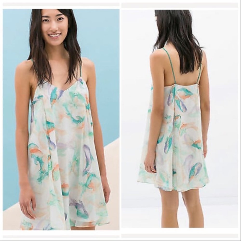 ZARA Watercolor Printed Koi Flowy Spaghetti Strap Mini Dress Sz Small